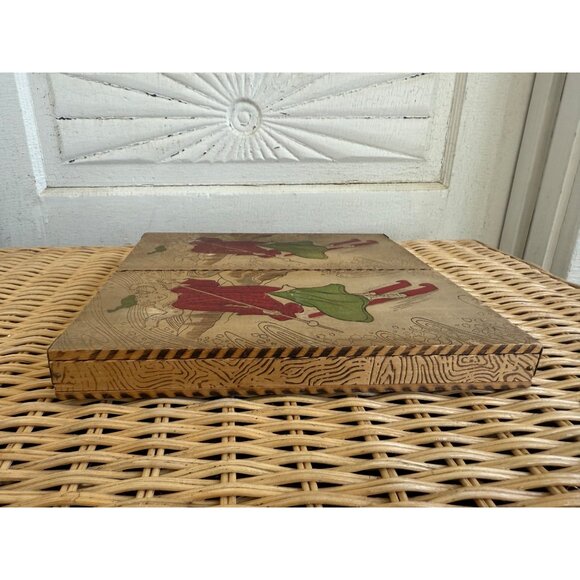 Antique 1910s Flemish Art Pyrography Hanky/Glove Box Girl Snow Skiing - Picture 5 of 14